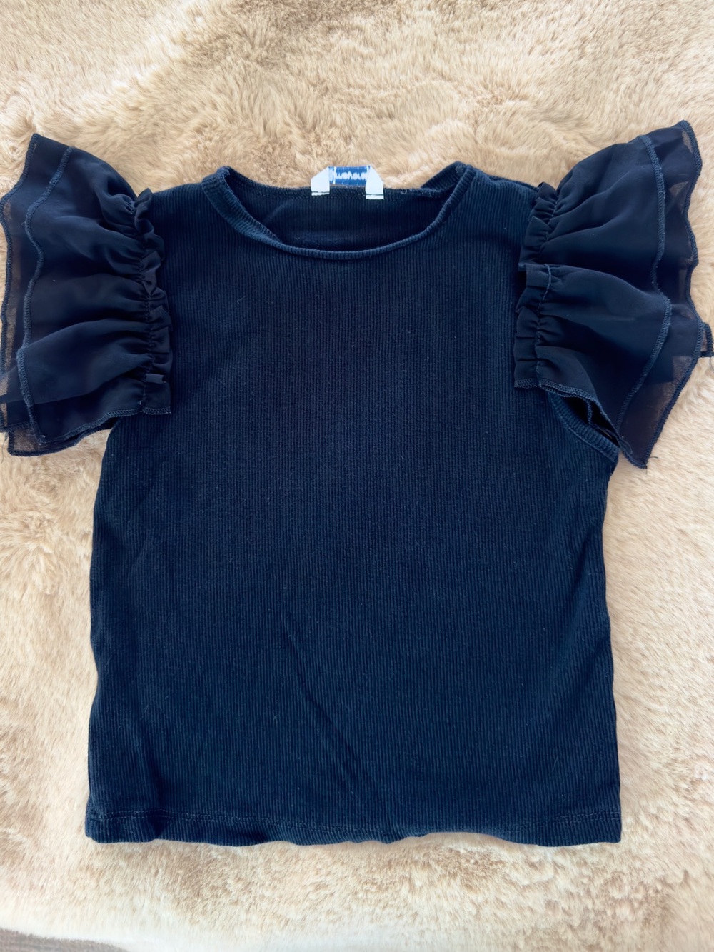 Mayoral Black Short Sleeve Top with Ruffled Chiffon Sleeves